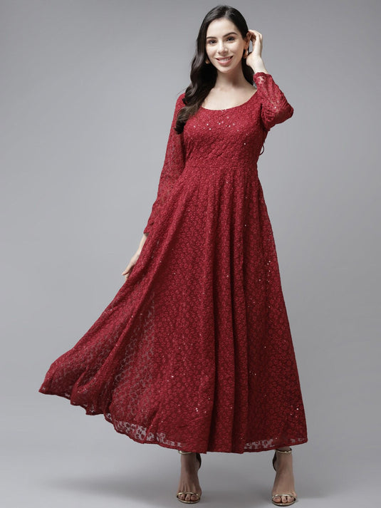Women Red Ethnic Motifs Georgette Ethnic Maxi Dress