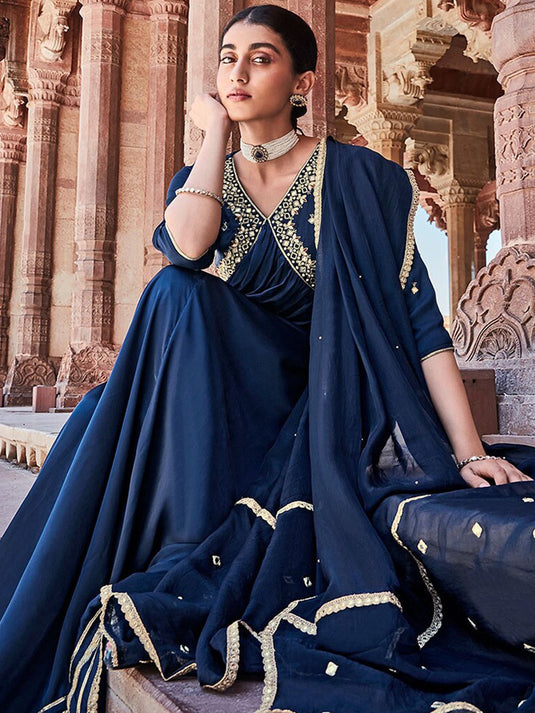 Ethnic Motifs Embroidered Gathered Or Pleated Maxi Ethnic Dress With Dupatta