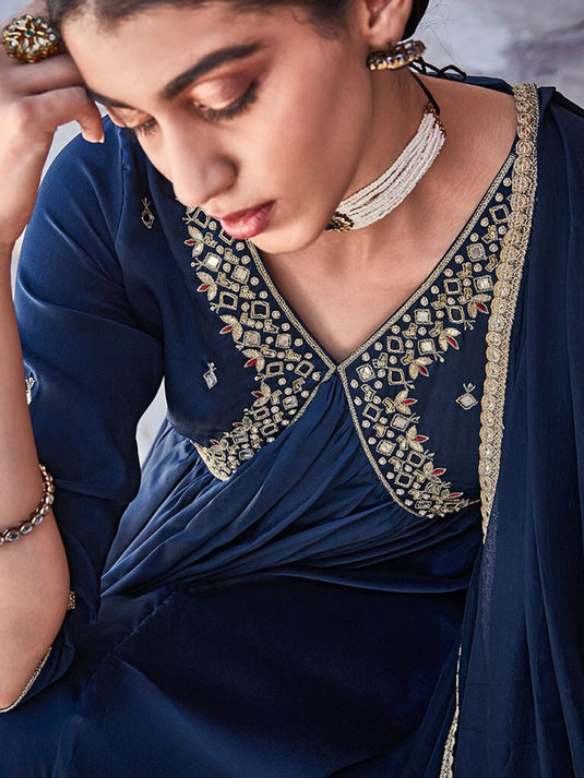 Ethnic Motifs Embroidered Gathered Or Pleated Maxi Ethnic Dress With Dupatta