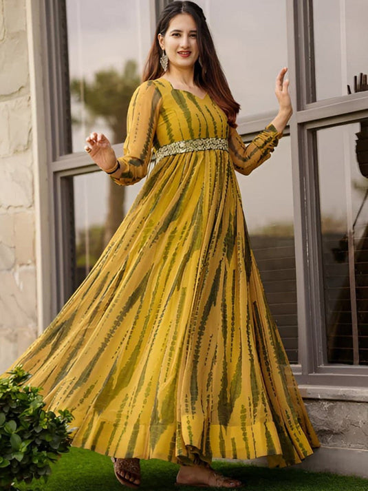 Tie & Dye Printed Sweetheart Neck Fit & Flare Maxi Ethnic Dress