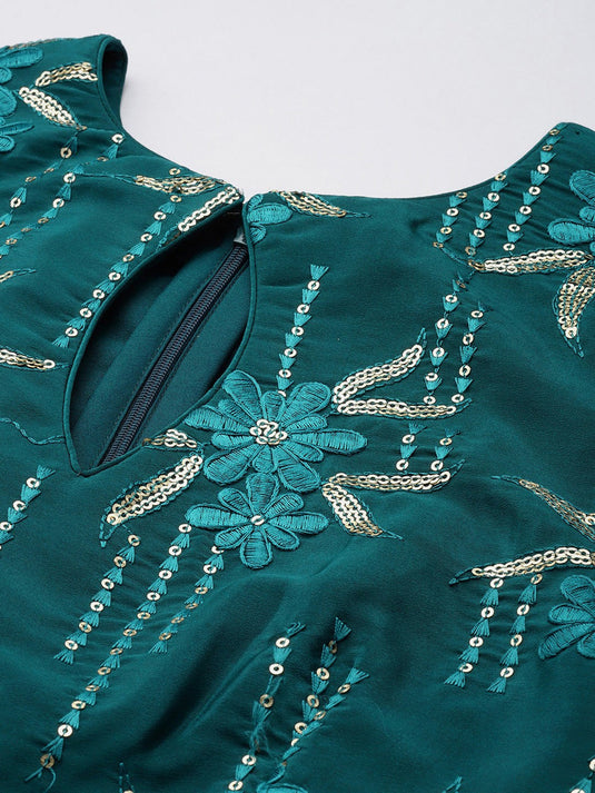 Floral Embroidered Sequinned Keyhole Neck Crepe Maxi Dress