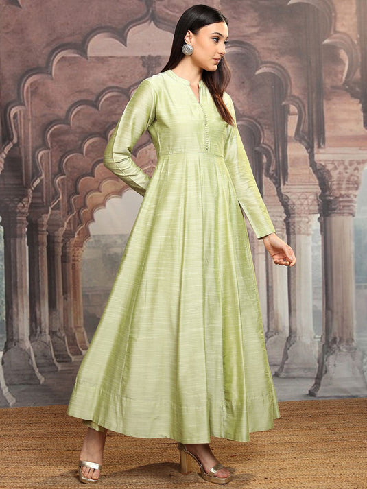 Lime Green Mandarin Collar Gathered Or Pleated Cotton Maxi Dress With Dupatta