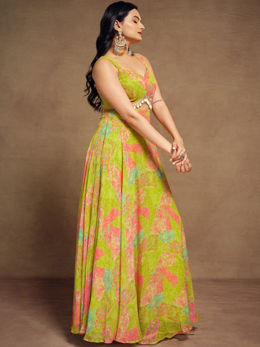 Abstract Printed Georgette Maxi Ethnic Dress