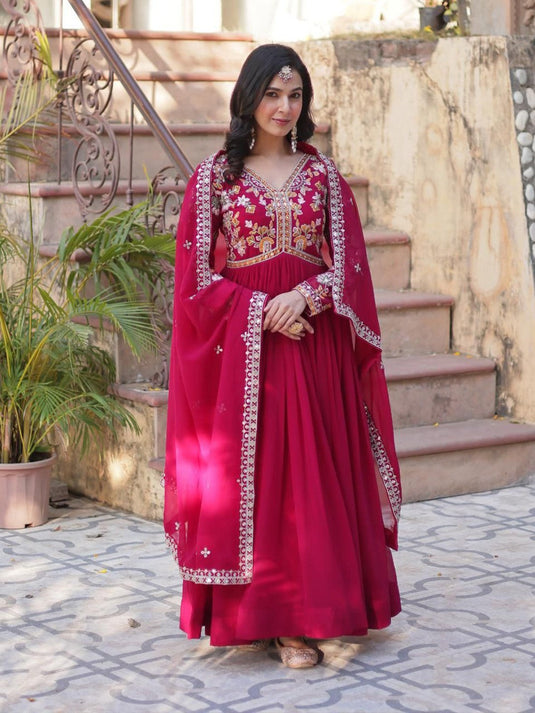 Women Gown Pink Sequins Zari Embroidered Flared Ethnic Dress with Heavy Dupatta