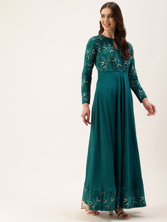 Floral Embroidered Sequinned Keyhole Neck Crepe Maxi Dress