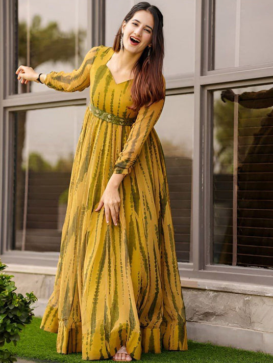 Tie & Dye Printed Sweetheart Neck Fit & Flare Maxi Ethnic Dress