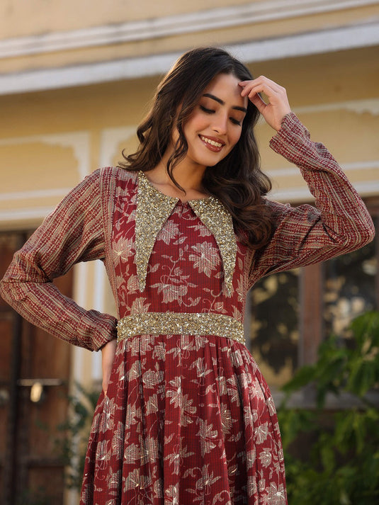 Floral Printed Round Neck Ethnic Dress