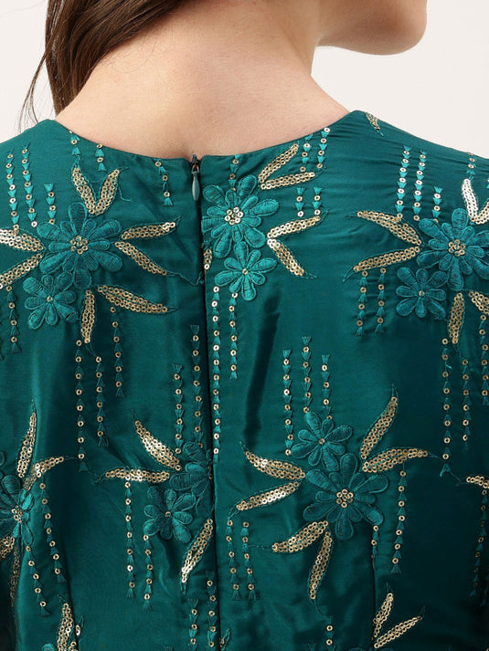 Floral Embroidered Sequinned Keyhole Neck Crepe Maxi Dress