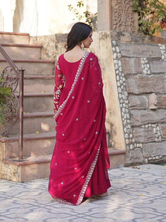 Women Gown Pink Sequins Zari Embroidered Flared Ethnic Dress with Heavy Dupatta