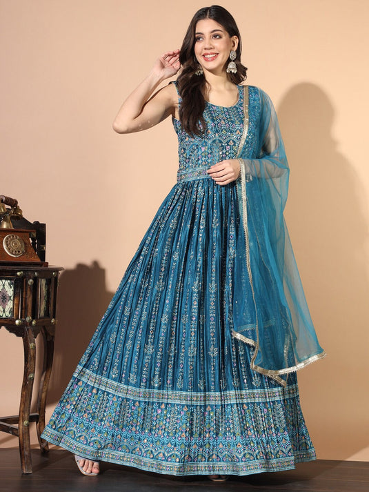Embellished Mirror Work Gown Ethnic Dress With Dupatta