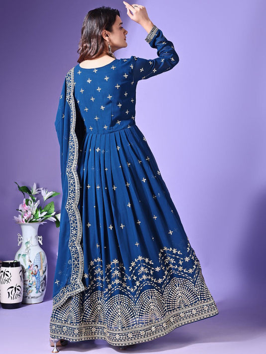 Embroidered Fit & Flared Ethnic Dress With Dupatta