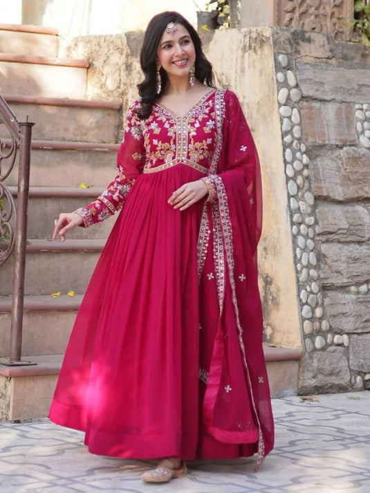 Women Gown Pink Sequins Zari Embroidered Flared Ethnic Dress with Heavy Dupatta
