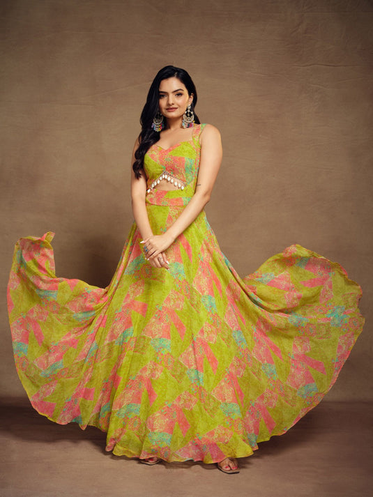 Abstract Printed Georgette Maxi Ethnic Dress