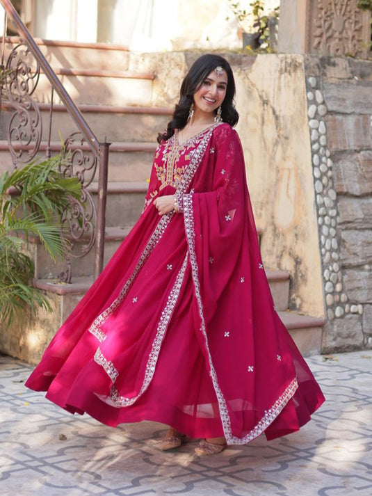 Women Gown Pink Sequins Zari Embroidered Flared Ethnic Dress with Heavy Dupatta