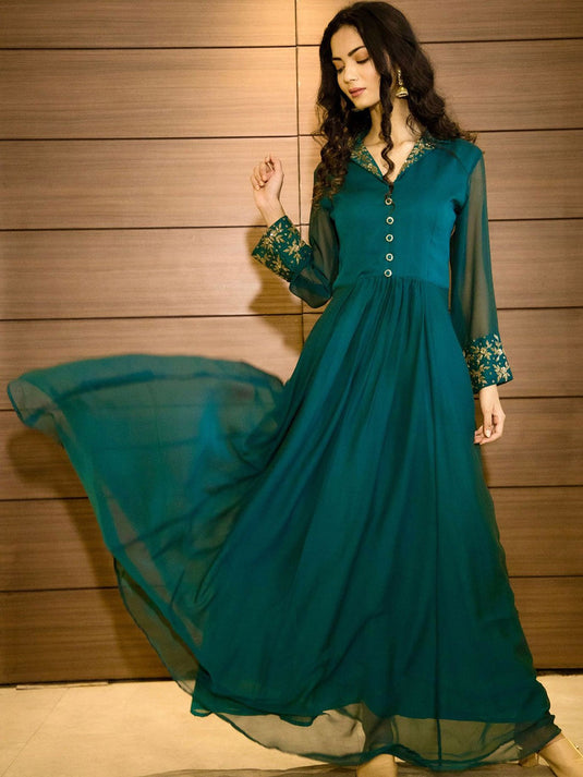 Teal- Blue Embellished Detail Maxi-Length Ethnic Dress