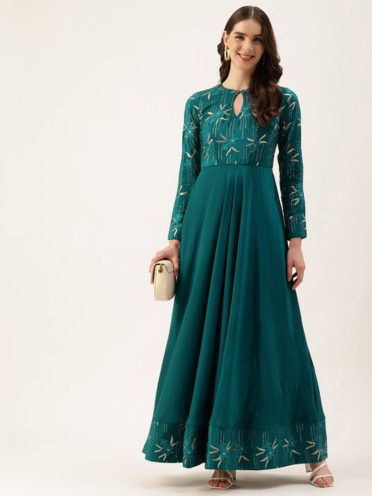 Floral Embroidered Sequinned Keyhole Neck Crepe Maxi Dress