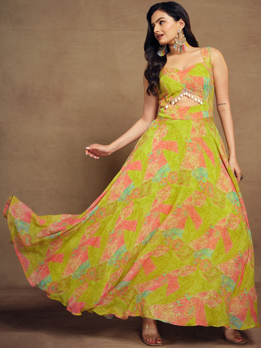 Abstract Printed Georgette Maxi Ethnic Dress