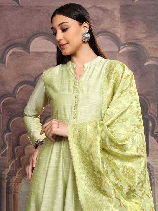 Lime Green Mandarin Collar Gathered Or Pleated Cotton Maxi Dress With Dupatta