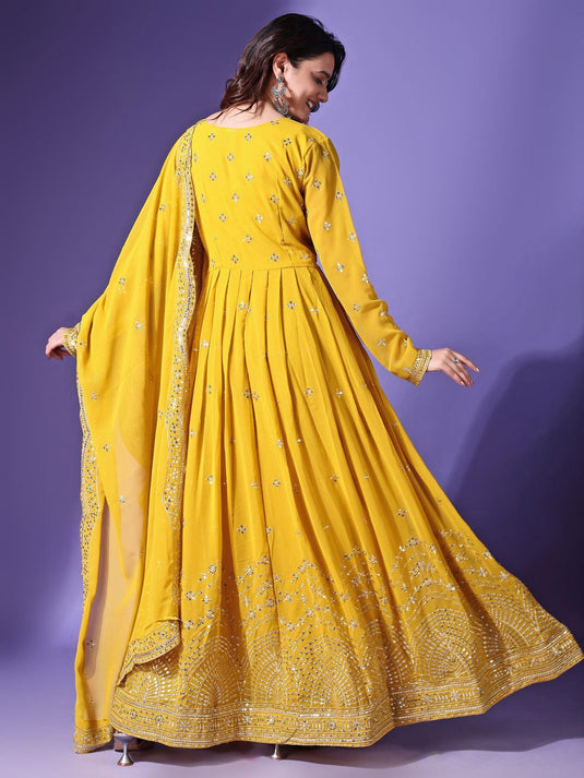 Floral Embroidered Sequined Georgette Maxi Fit and Flare Ethnic Dress With Dupatta