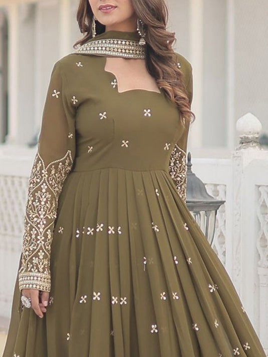 Embroidered Maxi Ethnic Dresses With Dupatta
