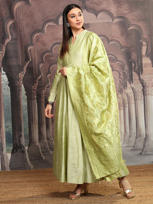 Lime Green Mandarin Collar Gathered Or Pleated Cotton Maxi Dress With Dupatta