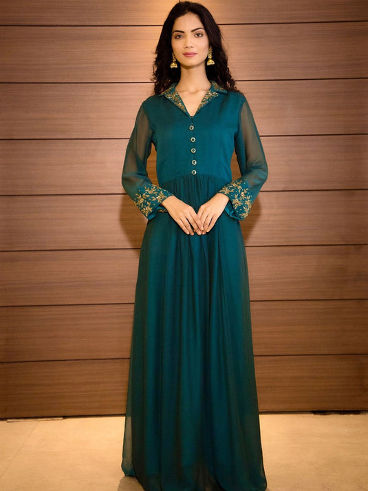 Teal- Blue Embellished Detail Maxi-Length Ethnic Dress