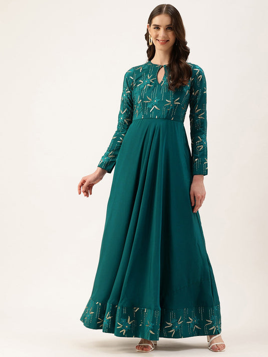 Floral Embroidered Sequinned Keyhole Neck Crepe Maxi Dress