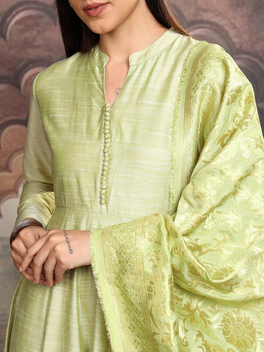 Lime Green Mandarin Collar Gathered Or Pleated Cotton Maxi Dress With Dupatta