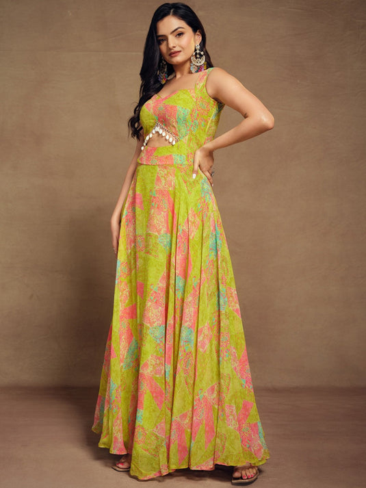 Abstract Printed Georgette Maxi Ethnic Dress