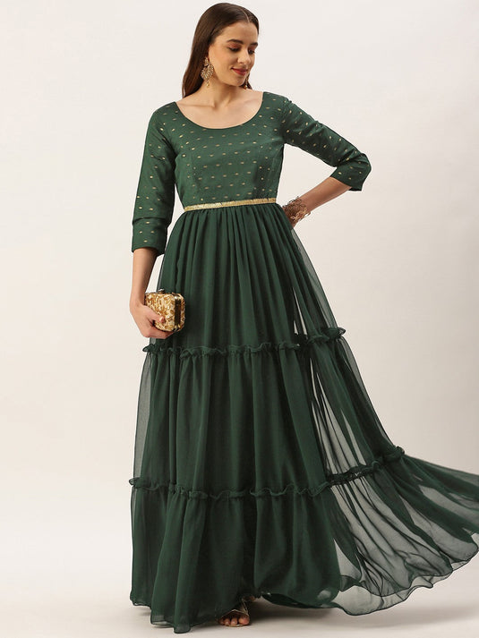 Green Embellished Georgette Ethnic Maxi Dress