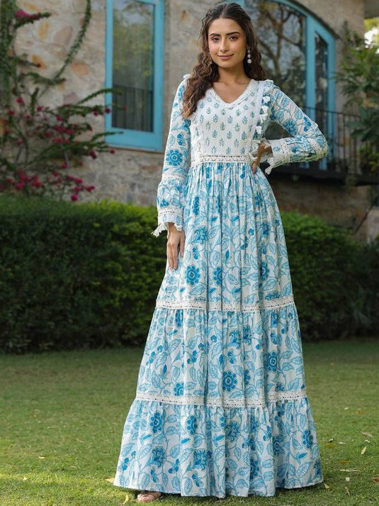 Embroidered & Floral Printed Cotton Maxi Dress
