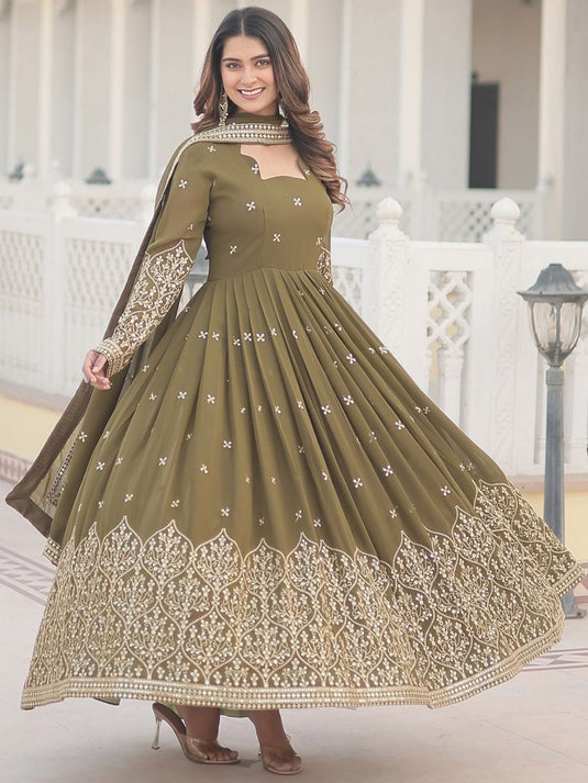 Embroidered Maxi Ethnic Dresses With Dupatta