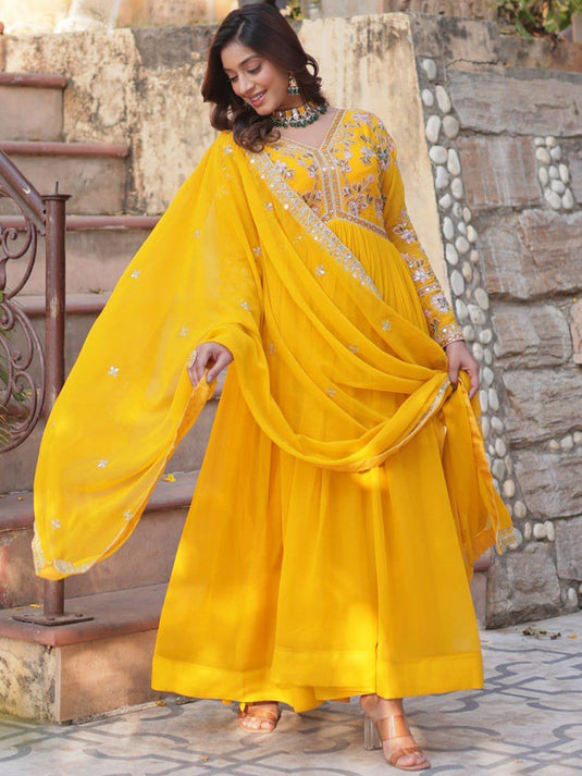 Embroidered Flared Maxi Dress With Dupatta
