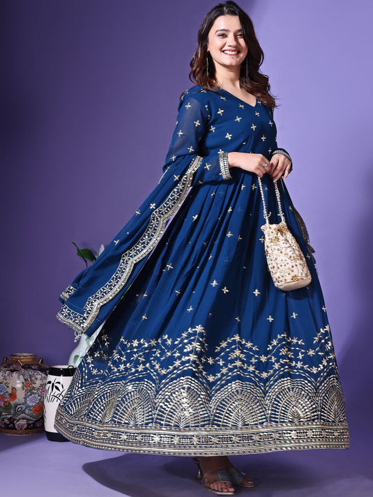 Embroidered Fit & Flared Ethnic Dress With Dupatta