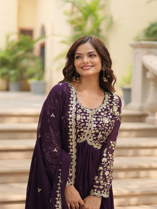 Women Zari Embroidered Ethnic Dress With Dupatta