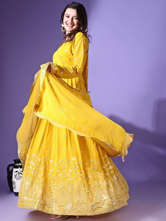 Floral Embroidered Sequined Georgette Maxi Fit and Flare Ethnic Dress With Dupatta