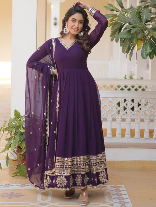 Women Embellished Georgette Anarkali Kurta With Dupatta