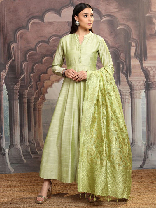 Lime Green Mandarin Collar Gathered Or Pleated Cotton Maxi Dress With Dupatta