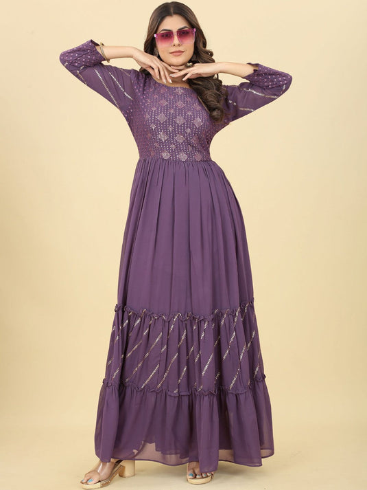 Embroidered Sequinned Fit And Flare Georgette Maxi Dress