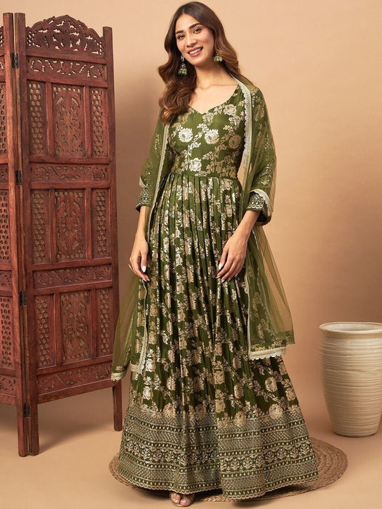 Woven Design Banarasi Gown Maxi Ethnic Dresses With Embellished Dupatta