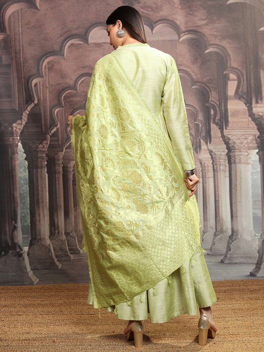 Lime Green Mandarin Collar Gathered Or Pleated Cotton Maxi Dress With Dupatta