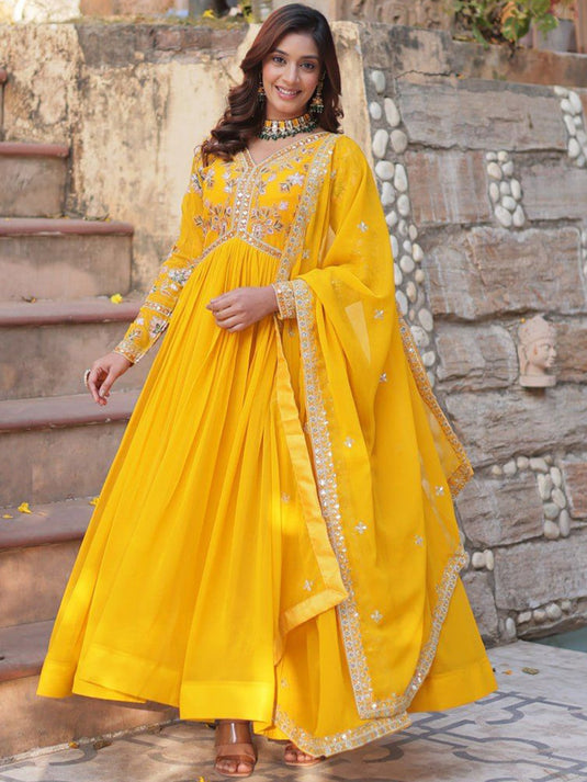 Embroidered Flared Maxi Dress With Dupatta