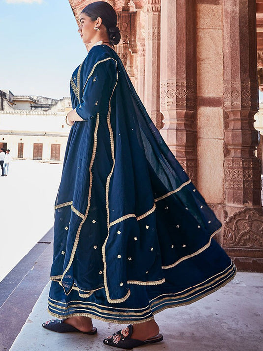 Ethnic Motifs Embroidered Gathered Or Pleated Maxi Ethnic Dress With Dupatta