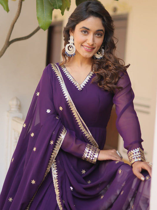Women Embellished Georgette Anarkali Kurta With Dupatta