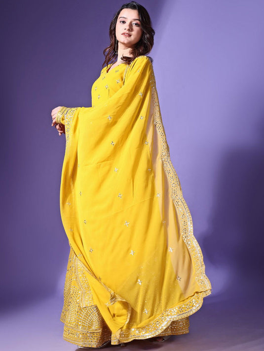 Floral Embroidered Sequined Georgette Maxi Fit and Flare Ethnic Dress With Dupatta