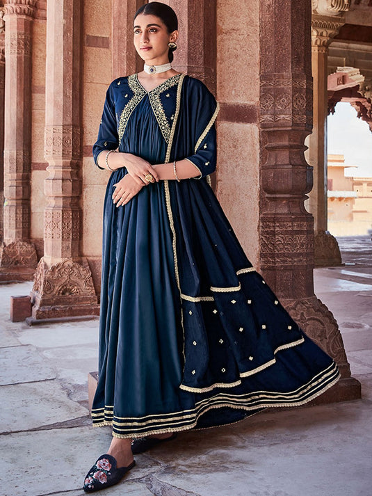 Ethnic Motifs Embroidered Gathered Or Pleated Maxi Ethnic Dress With Dupatta