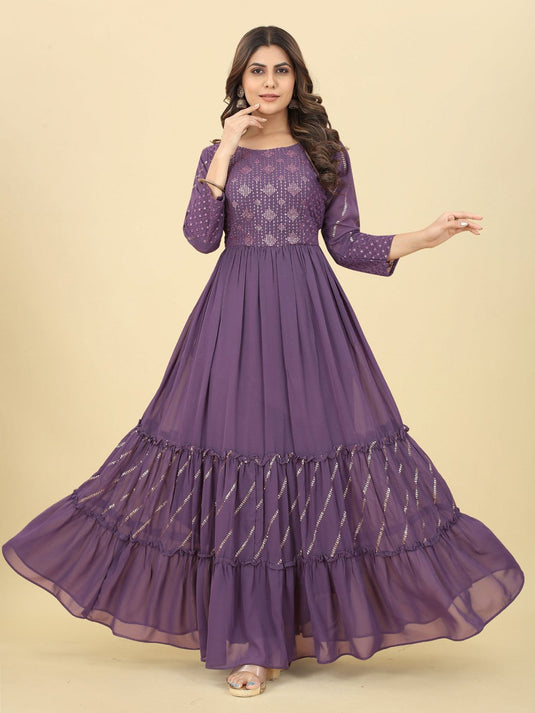 Embroidered Sequinned Fit And Flare Georgette Maxi Dress