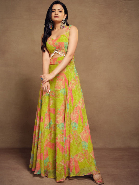 Abstract Printed Georgette Maxi Ethnic Dress