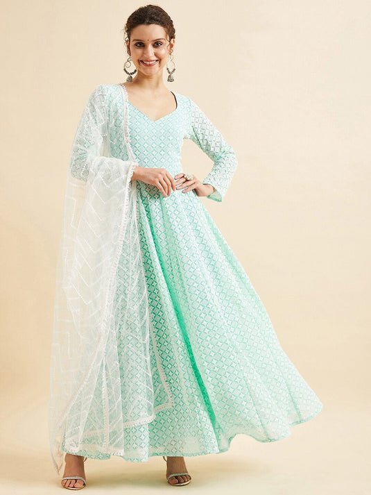 Chikankari Embroidered Georgette Fit And Flare Maxi Ethnic Dress With Dupatta