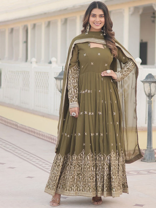 Embroidered Maxi Ethnic Dresses With Dupatta